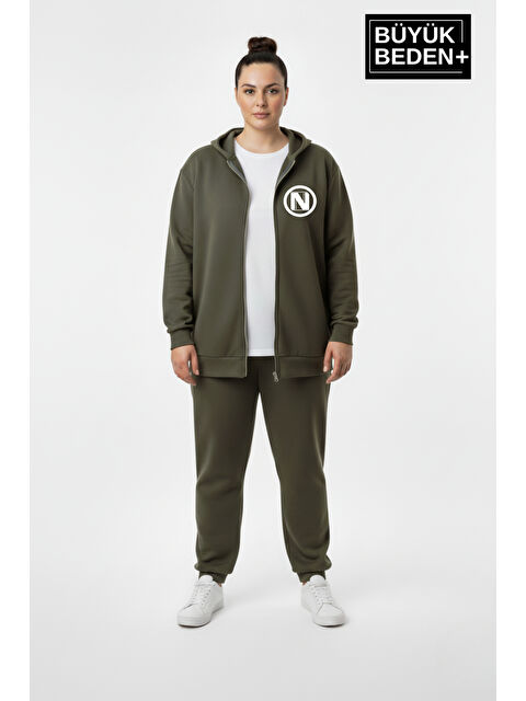 Süperlife Kadın Büyük Beden Kapüşonlu Fermuarlı N Baskılı Sweatshirt Hırka SPR26BHRK922 - S000481155-18547