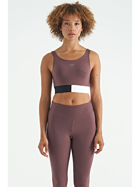 Tommylife Kahverengi Renk Bloklu Logo Baskılı Dar Kalıp Fitilli Kadın Büstiyer - 97275 - S000033483-19413