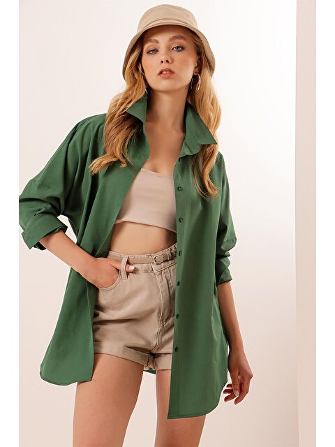 Bigdart 3900 Oversize Uzun Basic Gömlek - Zümrüt Yeşili - S000081512-18709