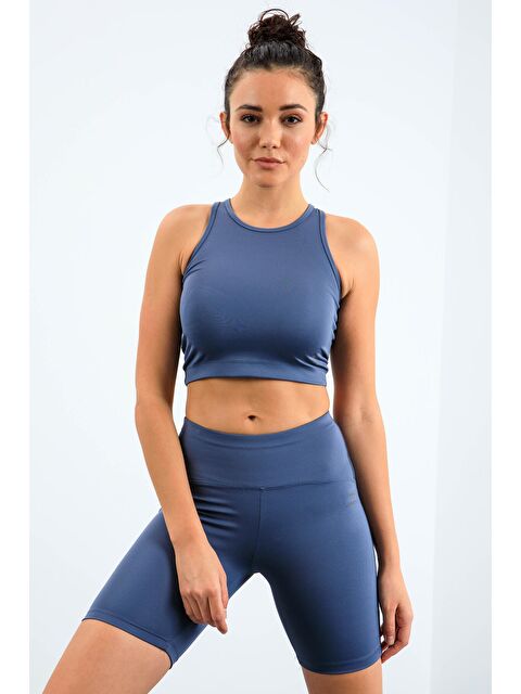 Tommylife Petrol Yüksek Bel Toparlayıcı Dar Kalıp Crop Biker Kadın Tayt Takım - 95302 - S000197520-20019