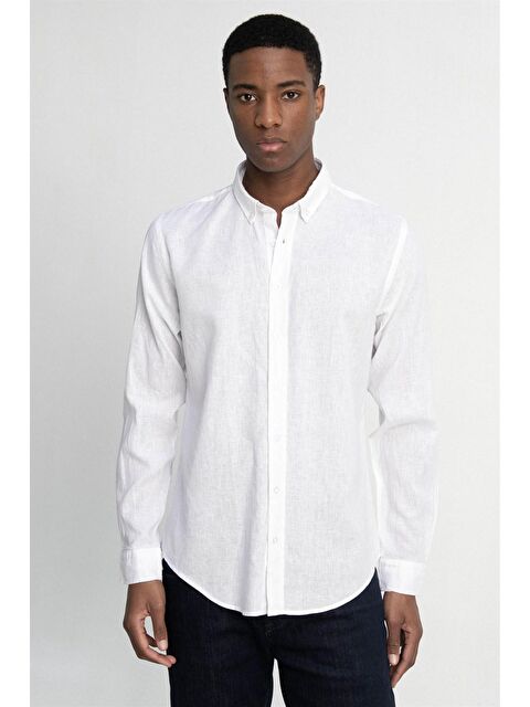 TUDORS Tudors Slim Fit Uzun Kol Keten Premium Seri Düğmeli Yaka Spor Gömlek