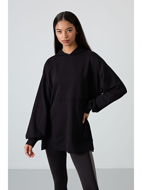 Tommylife Siyah Balon Kol Yazı Nakışlı Kadın Oversize Tunik Sweatshirt - 97163 - S000030747-19351