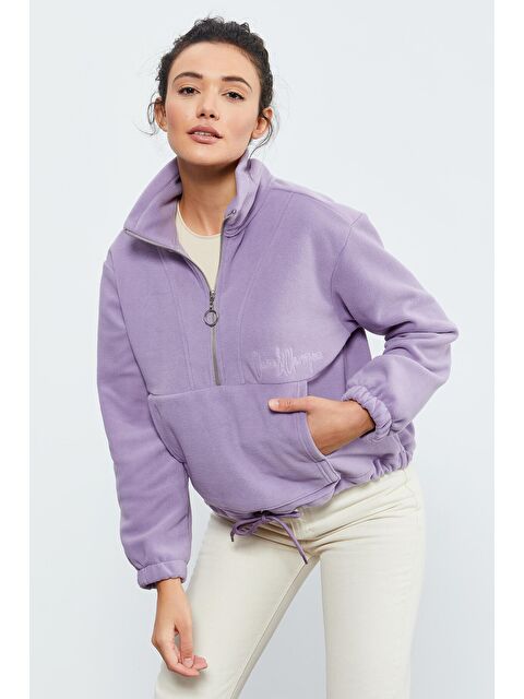 Tommylife Eflatun Yarım Fermuar Etek Ucu Büzgülü Kadın Polar Oversize Sweatshirt - 97171 - S000054929-20040