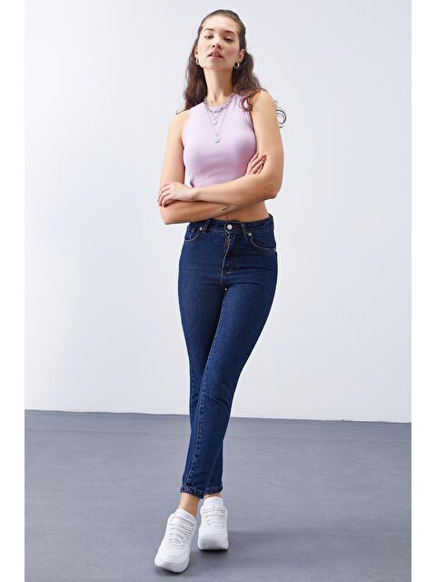 Tommylife Koyu Mavi Yüksek Bel Dar Kalıp Kadın Pantolon - 94612 - S000193820-19393