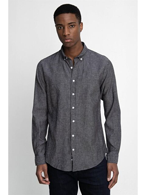 TUDORS Tudors Slim Fit Uzun Kol Keten Premium Seri Düğmeli Yaka Spor Gömlek