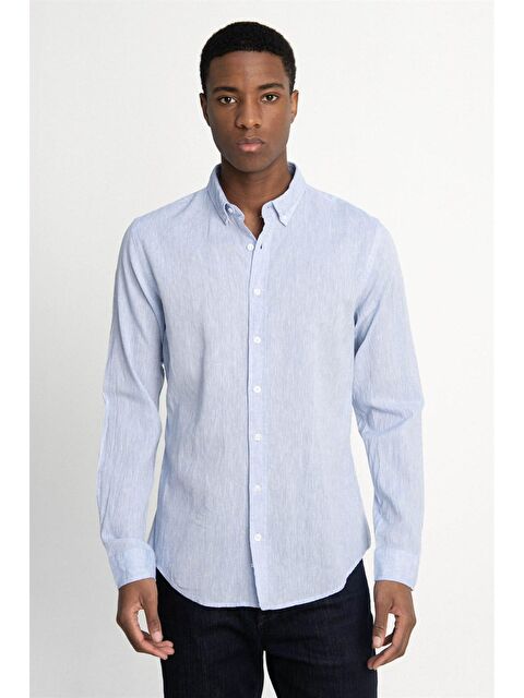 TUDORS Tudors Slim Fit Uzun Kol Keten Premium Seri Düğmeli Yaka Spor Gömlek