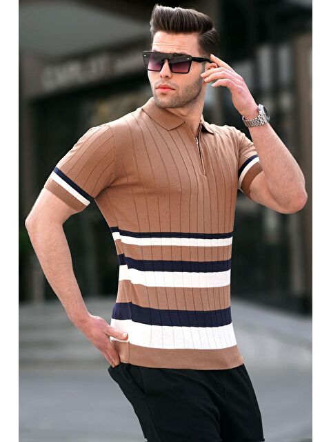 Madmext Çizgili Triko Hardal Polo Yaka Tişört 6356 - S000015935-20074