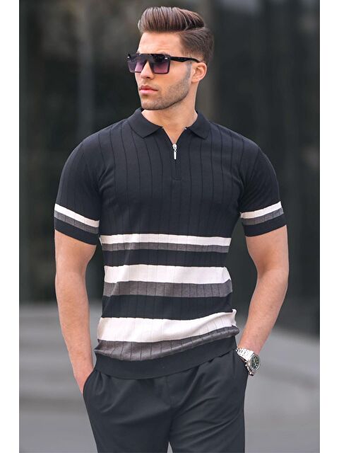 Madmext Çizgili Triko Siyah Polo Yaka Tişört 6356 - S000015935-19351