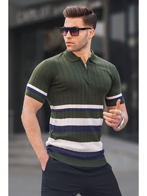 Madmext Çizgili Triko Haki Polo Yaka Tişört 6356 - S000015935-18547
