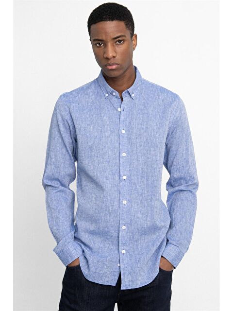 TUDORS Tudors Slim Fit Uzun Kol Keten Premium Seri Düğmeli Yaka Spor Gömlek