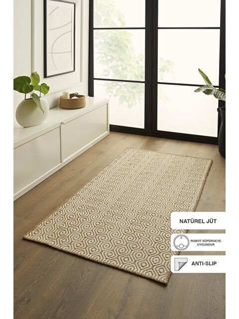 Ocean Home Textile Ekru Renk Karo Desenli Jüt Halı Kilim 80 x 150 cm - S000161031-19965