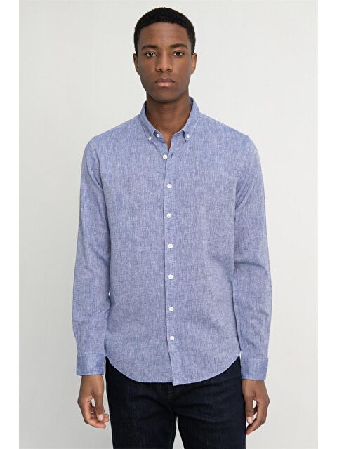 TUDORS Tudors Slim Fit Uzun Kol Keten Premium Seri Düğmeli Yaka Spor Gömlek