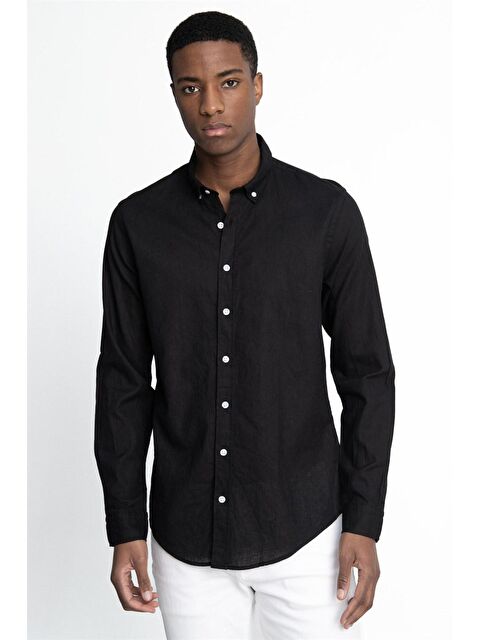 TUDORS Tudors Slim Fit Uzun Kol Keten Premium Seri Düğmeli Yaka Spor Gömlek