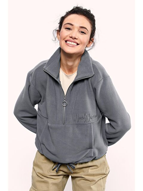 Tommylife Gri Melanj Yarım Fermuar Etek Ucu Büzgülü Kadın Polar Oversize Sweatshirt - 97171 - S000054929-20600