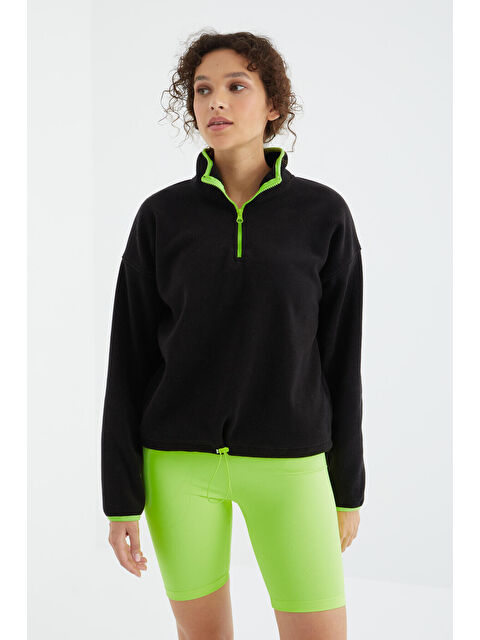 Tommylife Siyah Yarım Fermuar Etek Ucu Büzgülü Dik Yaka Oversize Kadın Polar Sweatshirt - 97234 - S000194203-19351