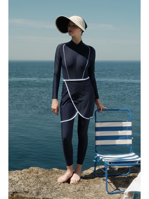 C&City Etekli Taytlı Tam Kapalı Tesettür Mayo C13059 Lacivert/Beyaz - S000215963-21164