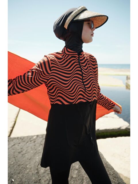 C&City Desenli Belden Büzgülü 4'Lü Tesettür Mayo 6220 Kiremit/Siyah - S000377801-18657