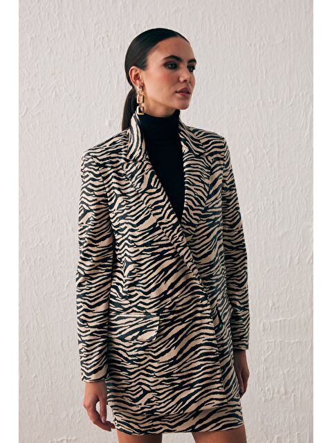 SATEEN Zebra Desenli Deri Ceket - Bej - S000323802-19928