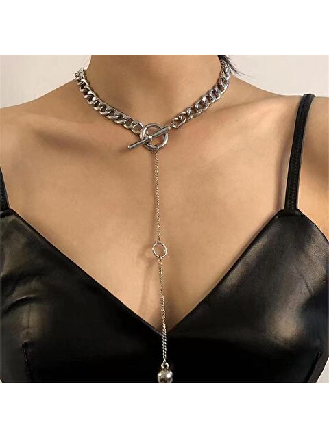 Pelin Aksesuar Silver Önden Kilitli Kalın Zincir Kolye - S000052461-23173