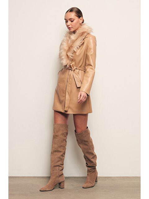 SATEEN Kürk Detaylı Deri Ceket - Bej - S000323784-19928