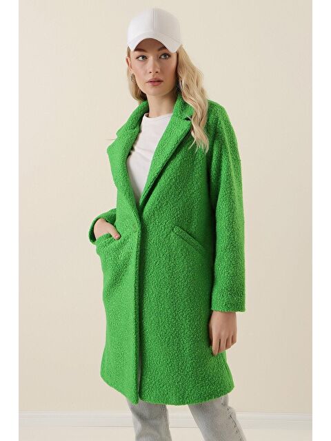 Hazelin Kadın Yeşil Tek Düğmeli Çift Cepli Astarlı Buklet Kaşe Kaban Hzl22w-bd190821 - S000040370-18194