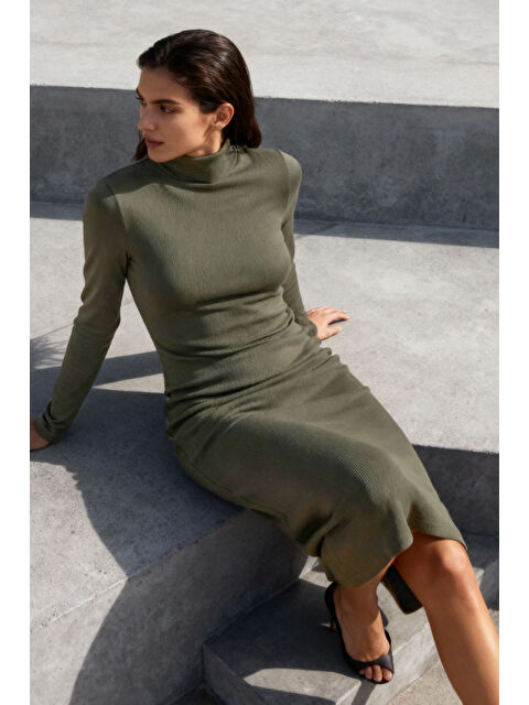 Tommylife Yeşil Kaşkorse Triko Dar Kalıp Balıkçı Yaka Kadın Elbise - 97117 - S000332316-18194