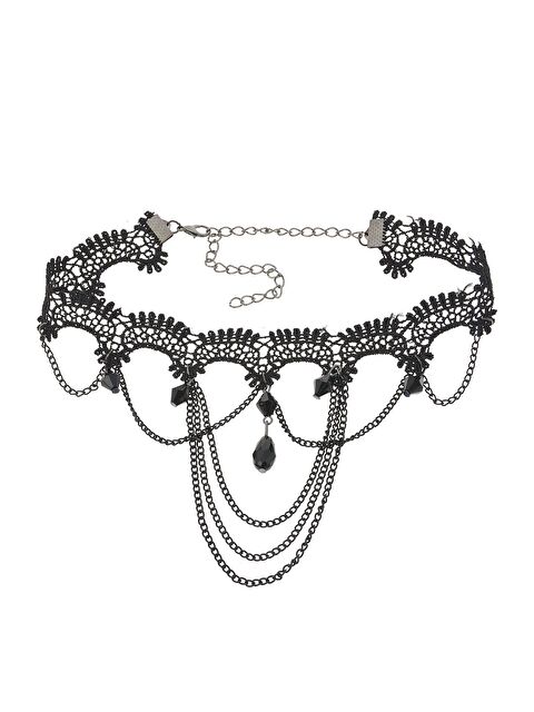 Pelin Aksesuar Kristalli Siyah Dantelli Gothic Kolye - S000052505-23173