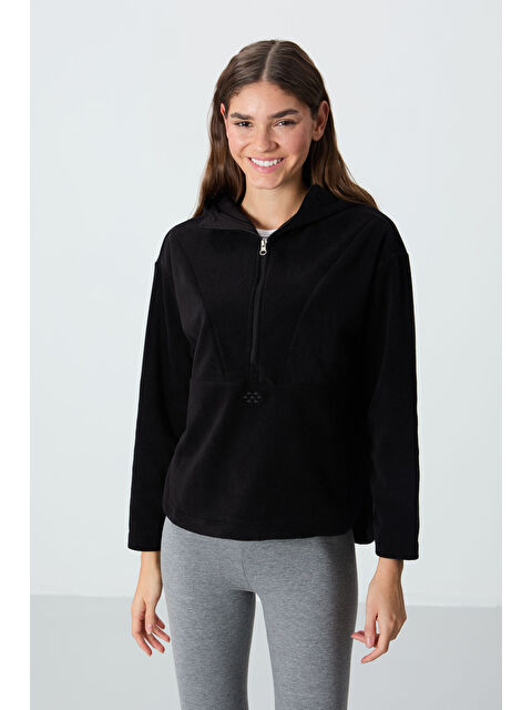 Tommylife Siyah Kalın Yumuşak Dokulu Kapüşonlu Oversize Nakışlı Polar Kadın Sweatshirt  97286 - S000332329-19351