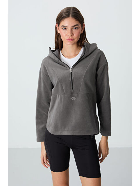 Tommylife Koyu Gri Kalın Yumuşak Dokulu Kapüşonlu Oversize Nakışlı Polar Kadın Sweatshirt  97286 - S000332329-29351