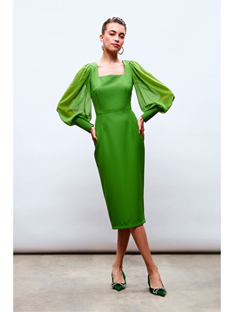 SATEEN Şifon Kol Krep Elbise - Yeşil - S000324204-18194