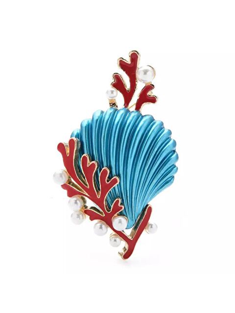 Pelin Aksesuar Kırmızı Mercan Mavi Midye Broş - S000052525-23173