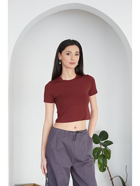 Fullamoda Basic Bisiklet Yaka Crop Tişört - S000341859-19951