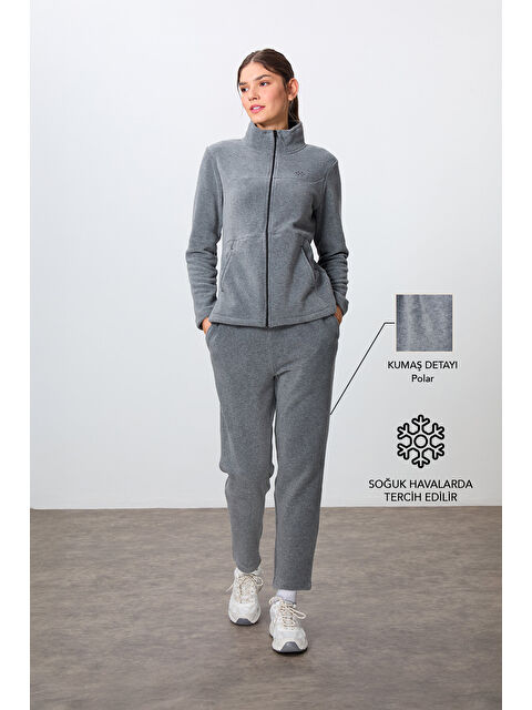Tommylife Gri Melanj Kalın Yumuşak Dokulu Dik Yaka Oversize Nakışlı Polar Kadın Eşofman Takım -95339 - S000332322-74