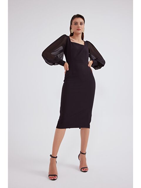 SATEEN Şifon Kol Krep Elbise - Siyah - S000324204-19351