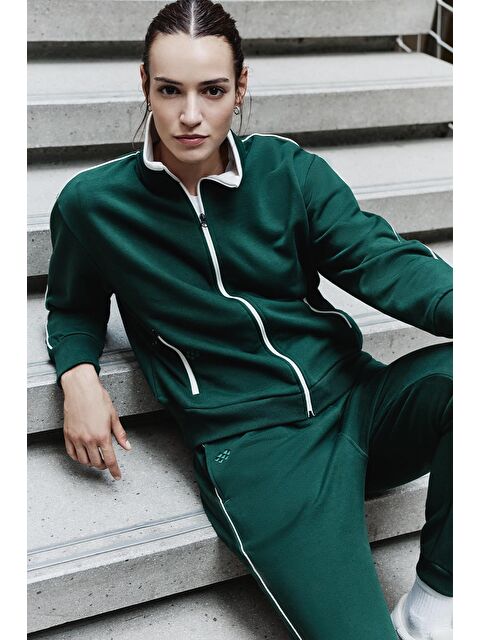 Tommylife Çam Yeşili Kompakt Pamuklu Kalın Pürüzsüz Dokulu Dik Yaka Oversize Fit Kadın Eşofman Takım - 95340 - S000332327-18194