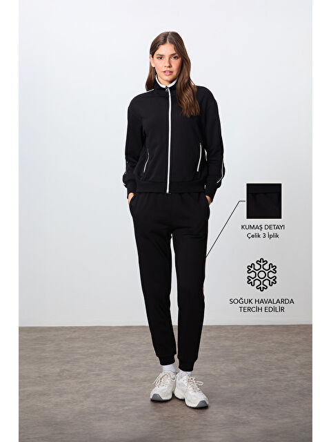 Tommylife Siyah Kompakt Pamuklu Kalın Pürüzsüz Dokulu Dik Yaka Oversize Fit Kadın Eşofman Takım - 95340 - S000332327-19351