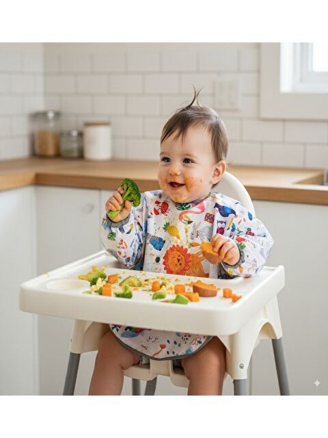Yorni 6-24ay, Jungle Uzun Kollu, Sıvı Geçirmez, Makinede Yıkanabilir, Cepli, Cırtlı Bebek Mama Önlüğü - S000361237-18
