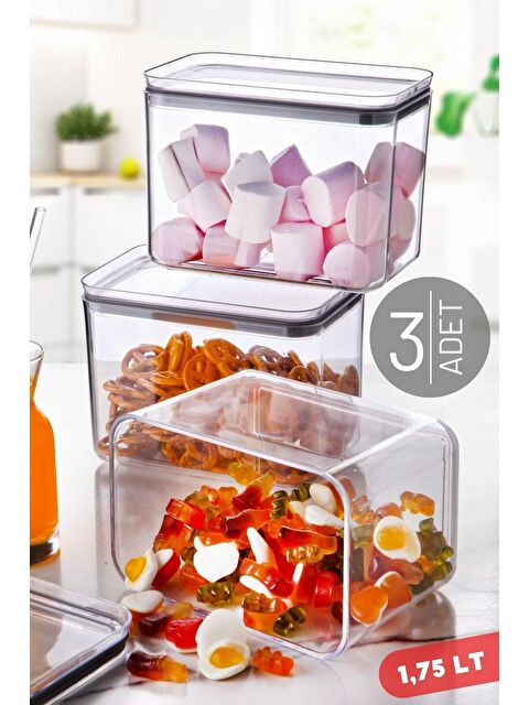 Nandy Home 1,75 Lt Dikdörtgen Contalı, Sızdırmaz Kapaklı Saklama & Erzak Kabı 3 Adet ŞEFFAF - S000013162-23173