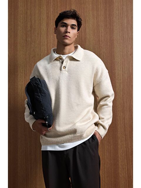 Abluka Online Erkek Oversize Düğmeli Triko Kazak Bej - S000491142-19928