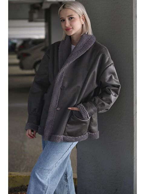 Madmext Antrasit İçi Suni Kürklü Biker Mont Mg1329 - S000056690-29666