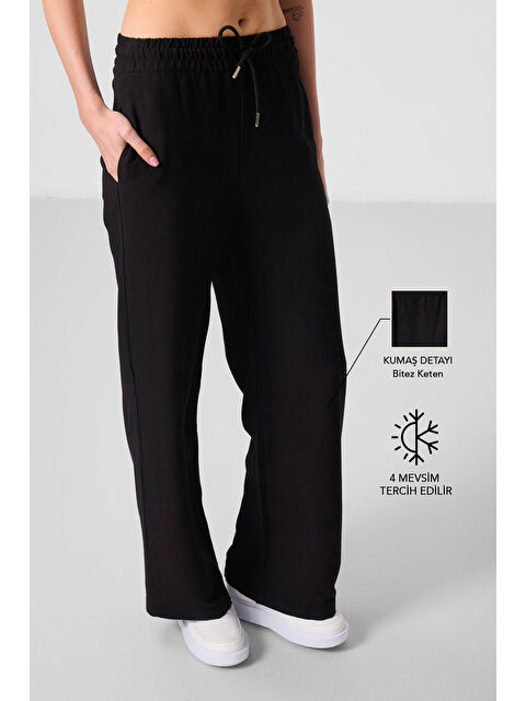 Tommylife Siyah Keten Geniş Paça Rahat Form Kadın Palazzo Pantolon - 94675 - S000364963-19351