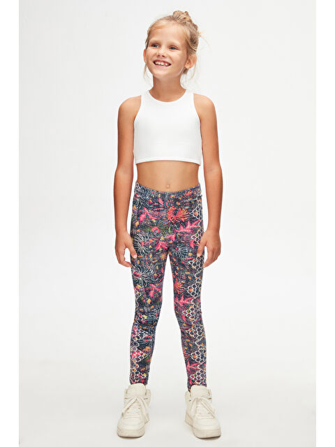 Lovetti Kız Çocuk Fuşya Yaprak Desen Hafif Şardonlu Kışlık Tayt - S000126625-23173