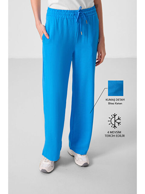 Tommylife Mavi Keten Geniş Paça Rahat Form Kadın Palazzo Pantolon - 94675 - S000364963-17234