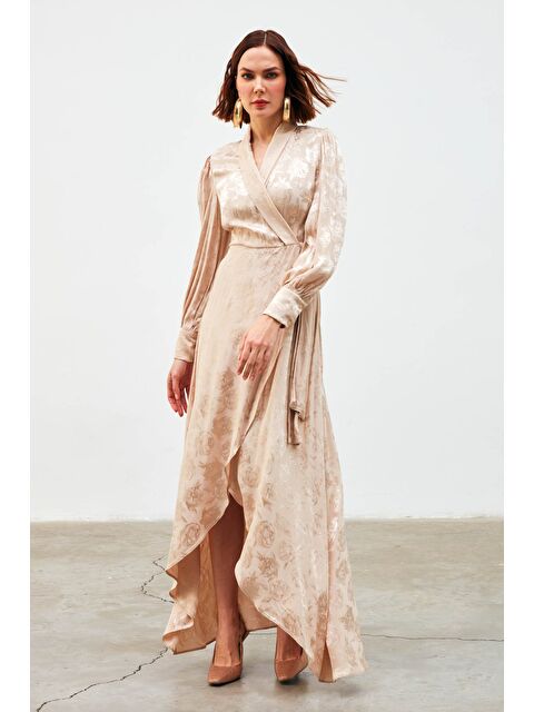 SATEEN Kruvaze Desenli Uzun Elbise - Bej - S000324224-19928