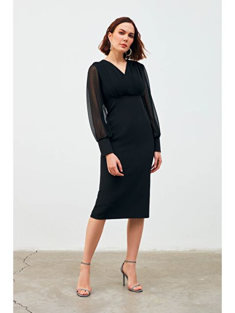 SATEEN Kruvaze Şifon Detaylı Kalem Elbise - Siyah - S000324385-19351