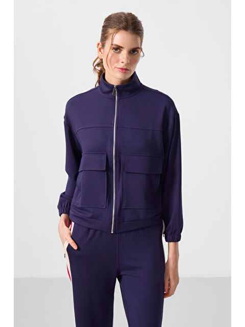 Tommylife Koyu Mor Yumuşak Dokulu Dik Yaka Oversize Kargo Cepli Kadın Crop Top Sweatshirt - 97301 - S000364959-20040