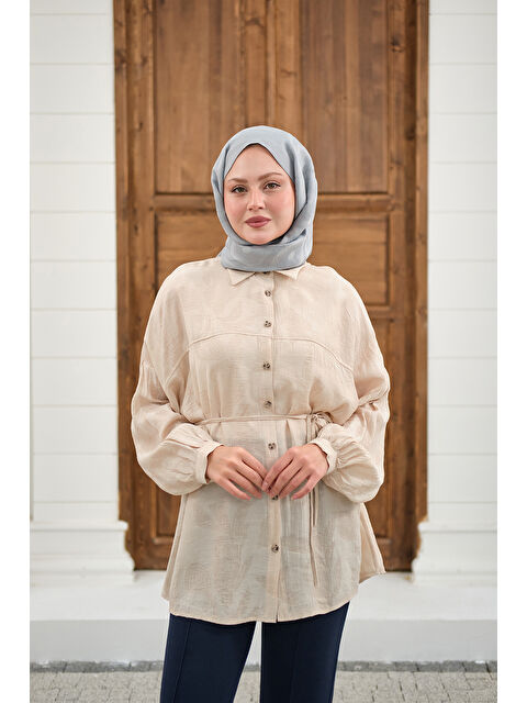 Locco Moda Kadın Yaprak Desen Bel Bağlamalı Gömlek Krem