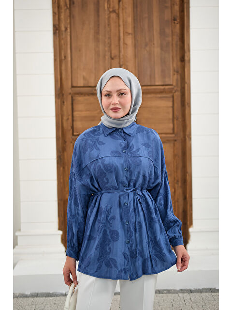 Locco Moda Kadın Yaprak Desen Bel Bağlamalı Gömlek Lacivert