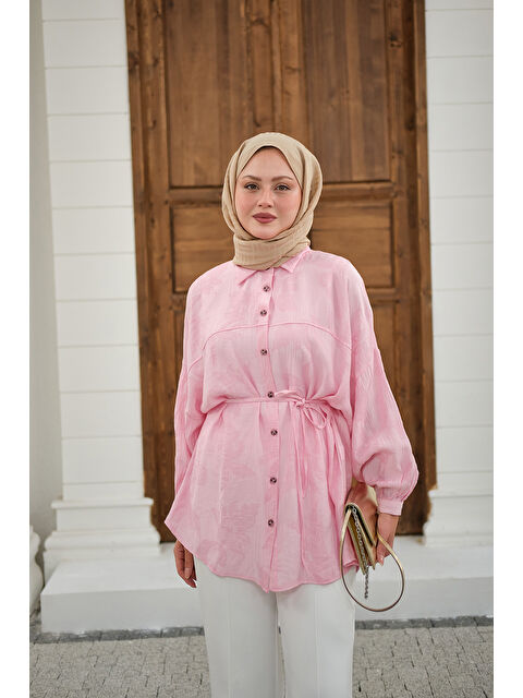 Locco Moda Kadın Yaprak Desen Bel Bağlamalı Gömlek Pembe