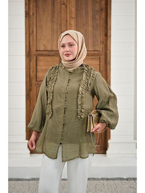 Locco Moda Kadın Yaka Büzgülü Gömlek Haki Yeşil